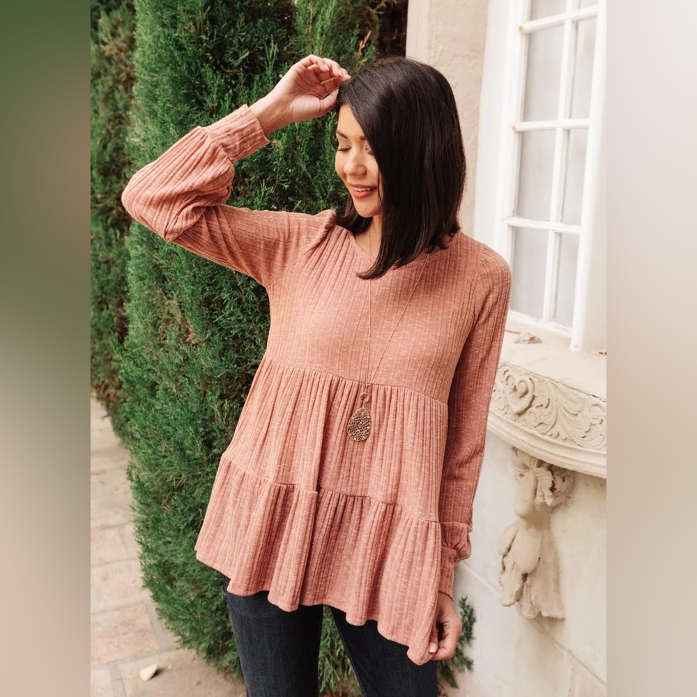 NWT, Ces Femme, Pink Long Sleeve Tiered Babydoll Top, Size Large
